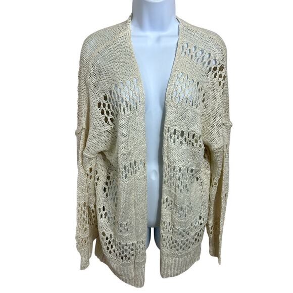 Beige Open Knit Cardigan Sweater Sz Large Long Fit Lightweight Long-Sleeve - Picture 5 of 5